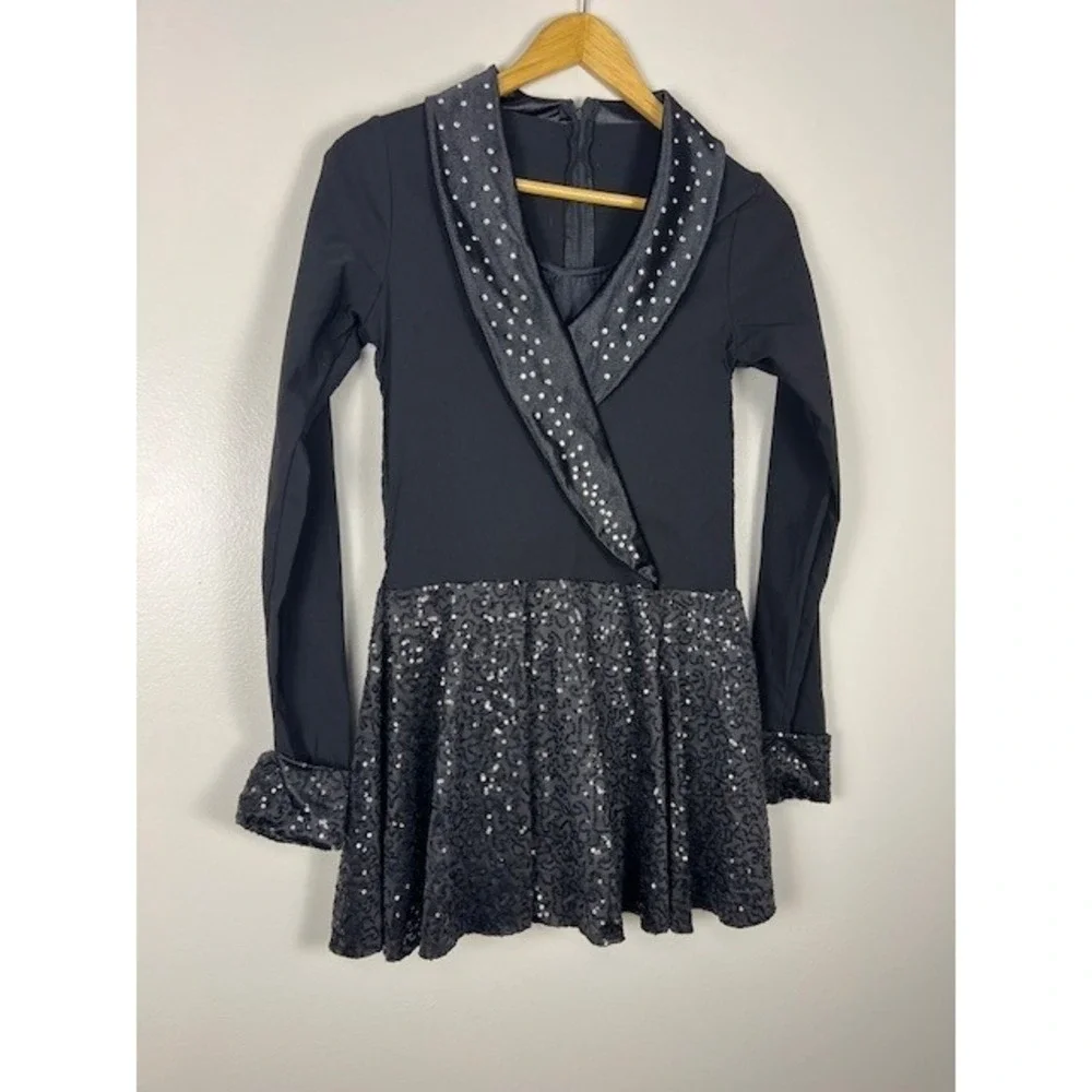 Weissman Black Rhinestone Sparkle Dance Dress Costume Long Sleeve Lapel‎ Collar